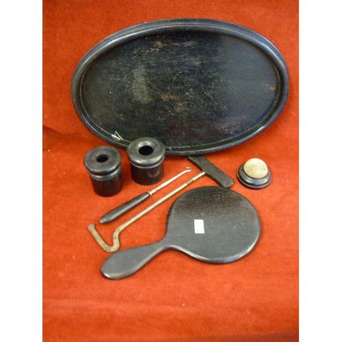 277 - EBONY DRESSING TABLE SET ON OVAL TRAY.