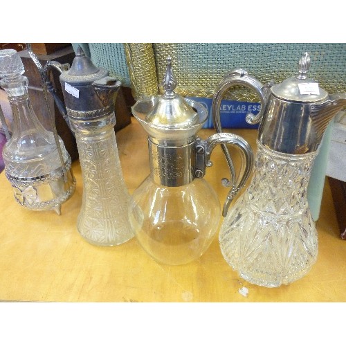 278 - 4 X VINTAGE SILVER-PLATE, CUT-GLASS DECANTERS.