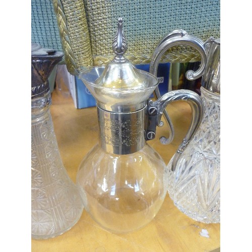 278 - 4 X VINTAGE SILVER-PLATE, CUT-GLASS DECANTERS.