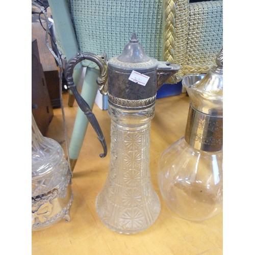 278 - 4 X VINTAGE SILVER-PLATE, CUT-GLASS DECANTERS.