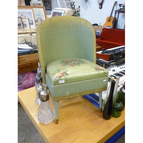 281 - LOVELY VINTAGE 'LLOYD-LOOM' STYLE CHAIR. ORIGINAL GREEN/GOLD PAINTWORK. FLORAL SPRUNG SEAT WHICH COV... 