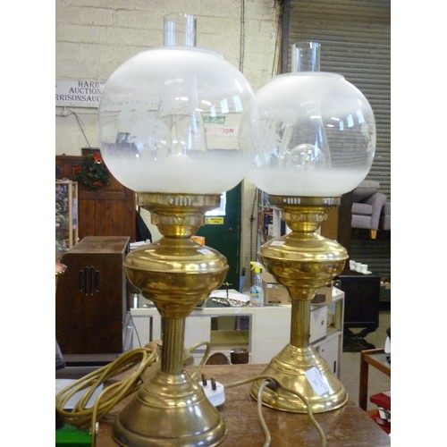 291 - PAIR OF LARGE ELECTRIC 'OIL-LAMPS'. BRASS WITH ETCHED GLASS GLOBES.