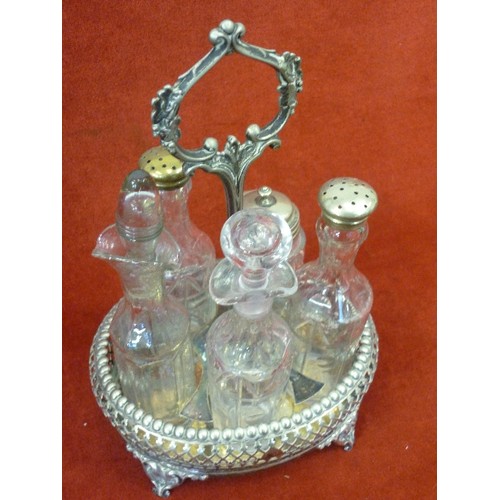 292 - VINTAGE SILVER-PLATE AND GLASS CONDIMENT SET. 5 ITEMS WITH STAND.