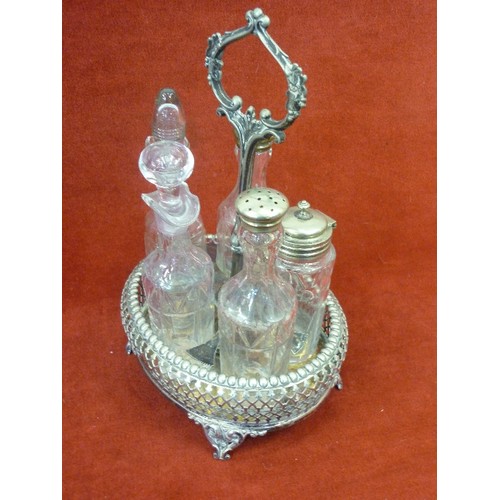 292 - VINTAGE SILVER-PLATE AND GLASS CONDIMENT SET. 5 ITEMS WITH STAND.