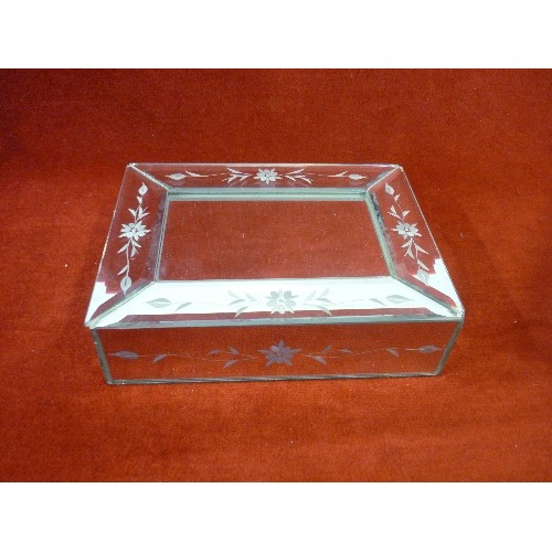 293 - MIRRORED JEWELLERY BOX WITH HINGED LID AND ETCHED FLOWER DETAIL. VELVET-LINED.