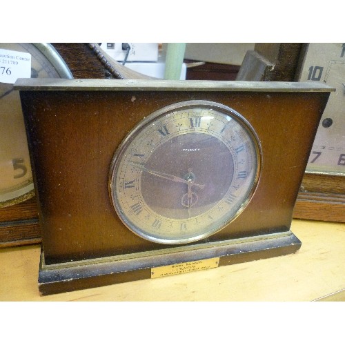 276 - 4 VINTAGE CLOCKS, 2 WOODEN-CASED MANTLE CLOCKS, 1 OF WHICH IS DECO, SQUARE FACE ETC. A SMALLER CLOCK... 