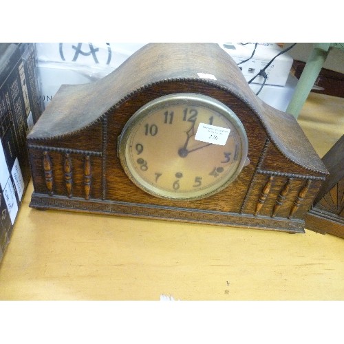 276 - 4 VINTAGE CLOCKS, 2 WOODEN-CASED MANTLE CLOCKS, 1 OF WHICH IS DECO, SQUARE FACE ETC. A SMALLER CLOCK... 