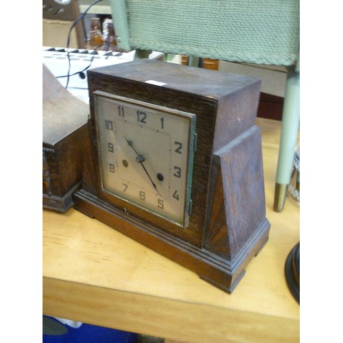 276 - 4 VINTAGE CLOCKS, 2 WOODEN-CASED MANTLE CLOCKS, 1 OF WHICH IS DECO, SQUARE FACE ETC. A SMALLER CLOCK... 