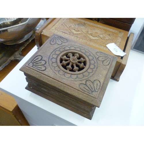 324 - 3 VINTAGE WOODEN BOXES, 1 IS A DOUBLE-SLOT MONEY BOX, OTHER 2 HAVE CARVED LIDS.