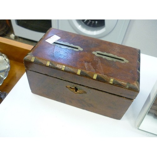 324 - 3 VINTAGE WOODEN BOXES, 1 IS A DOUBLE-SLOT MONEY BOX, OTHER 2 HAVE CARVED LIDS.