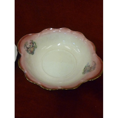 305 - 2 X SMALL JUG & BOWL SETS. A DEEP PINK ONE DECORATED WITH ROMANTIC COUPLE, BOWL IS FULL OF POT-POURR... 