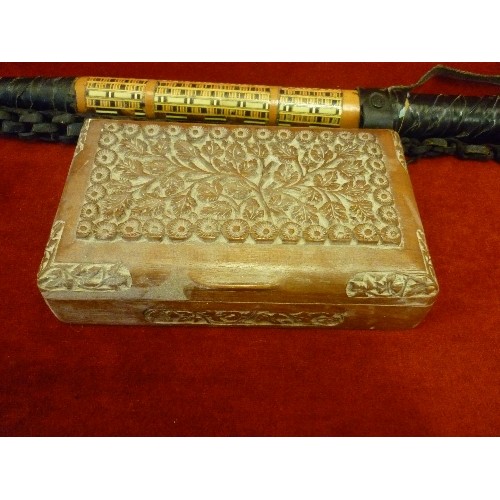 307 - A LEATHER WHIP WITH INLAID DETAIL, TOGETHER WITH A SMALL CARVED WOODEN BOX, CONTAINS OLD COINS AND A... 