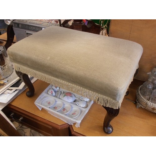 294 - LOVELY FOOT-STOOL, WITH CABRIOLE LEGS, UPHOLSTERED WITH FRINGED SAGE DRALON FABRIC.