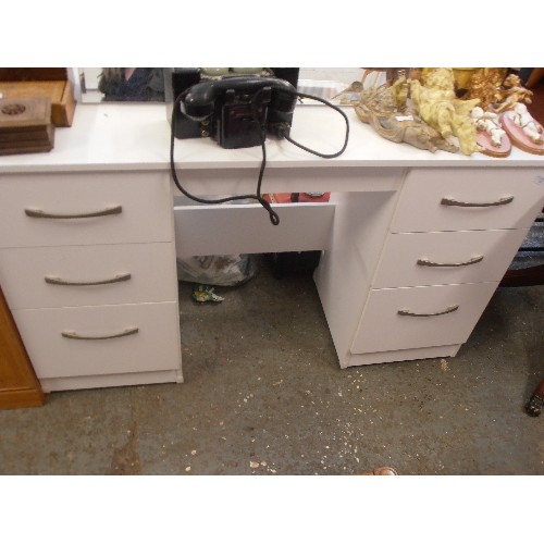 328 - CONTEMPORARY WHITE DRESSING TABLE WITH MIRROR. 3 DRAWERS EACH SIDE, BRUSHED CHROME HANDLES. 128CM W.