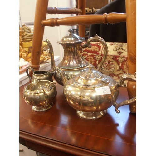 332 - QUANTITY OF LOVELY VINTAGE CANADIAN ONEIDA SILVER-PLATED ITEMS. HEAVY TEAPOT, COFFEE POT, SUGAR BOWL... 