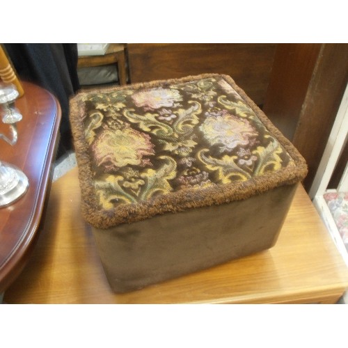 335 - RETRO POUFFE/STOOL, ON CASTORS, BROWN 'EMBOSSED' VELVET TOP WITH FRINGED EDGE. TOGETHER WITH A LOVEL... 