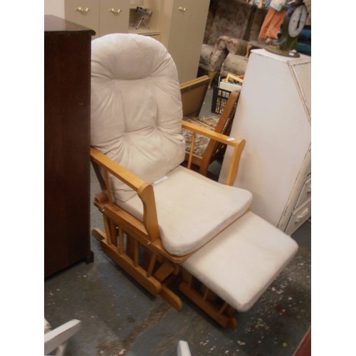 337 - LARGE CONTEMPORARY ROCKING CHAIR AND FOOT-STOOL. BEECH FRAMED, & SQUIDGY CREAM UPHOLSTERY.