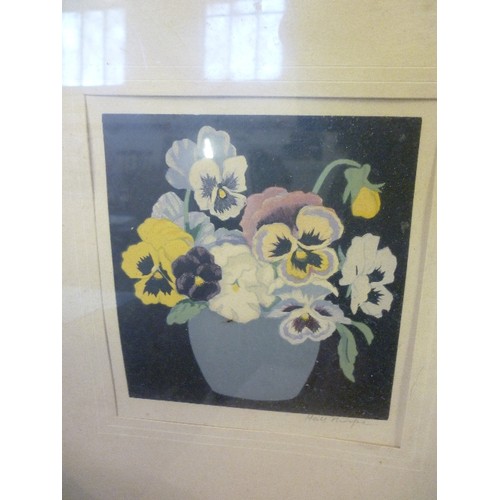 122 - A PRINT OF PANSIES BY JOHN HALL THORPE - SIGNED IN PENCIL BY THE ARTIST, ALSO CROSS-STITCH PICTURES,... 