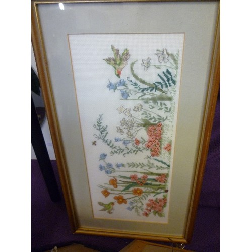 122 - A PRINT OF PANSIES BY JOHN HALL THORPE - SIGNED IN PENCIL BY THE ARTIST, ALSO CROSS-STITCH PICTURES,... 