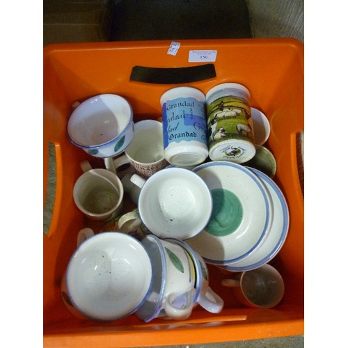 150 - BOX OF CERAMIC ITEMS, INC MUGS CUPS AND SAUCERS.