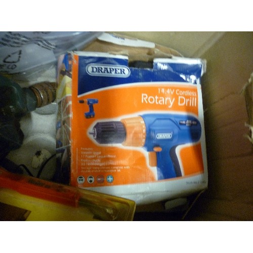 147 - BOX OF MIXED ITEMS, INC DELUXE MINI AIR-COMPRESSOR, BOSCH HAMMER DRILL, SOLDERONG IRON, SCREWLESS FL... 