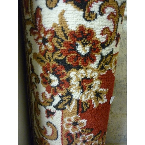 182 - RECTANGULAR RUG, IN DEEP RED, GOLD, CREAM AND BLACK.