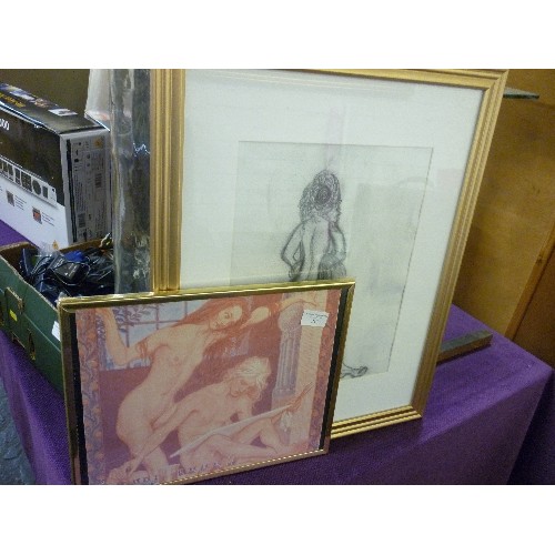 213 - FRAMED/GLAZED CHARCOAL DRAWING OF A NUDE, SIGNED 'W.L.GALDA? 2012' TOGETHER WITH A FRAMED PRINT OF A... 