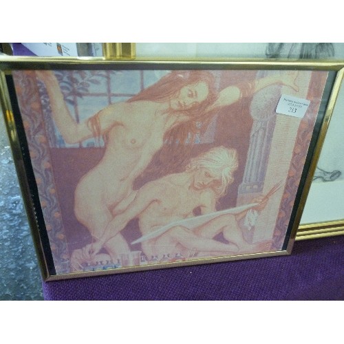 213 - FRAMED/GLAZED CHARCOAL DRAWING OF A NUDE, SIGNED 'W.L.GALDA? 2012' TOGETHER WITH A FRAMED PRINT OF A... 