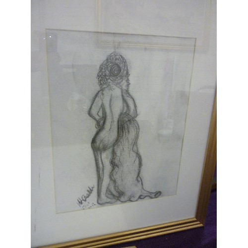 213 - FRAMED/GLAZED CHARCOAL DRAWING OF A NUDE, SIGNED 'W.L.GALDA? 2012' TOGETHER WITH A FRAMED PRINT OF A... 