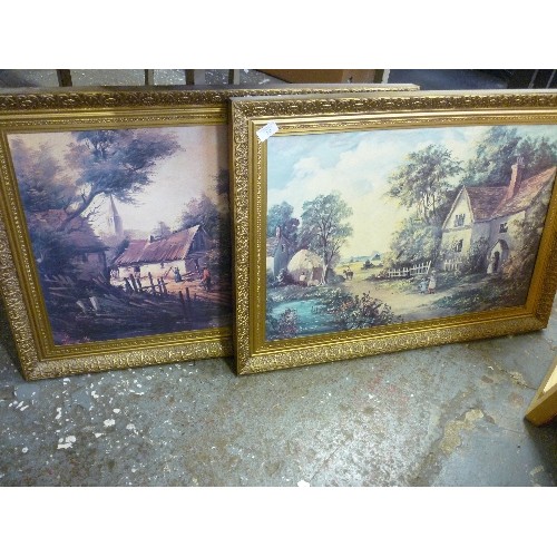 205 - 2 X ATTRACTIVE PRINTS  IN GILT PLASTIC FRAMES. FEATURES OLD COTTAGE-COUNTRYSIDE ETC.