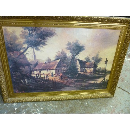 205 - 2 X ATTRACTIVE PRINTS  IN GILT PLASTIC FRAMES. FEATURES OLD COTTAGE-COUNTRYSIDE ETC.