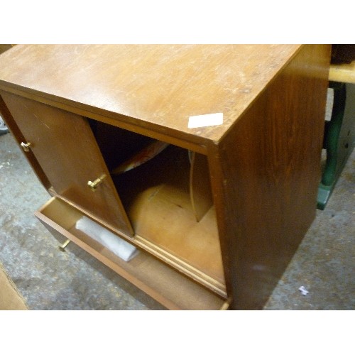 371 - RETRO HALL/TELEPHONE CABINET WITH SLOPING FRONT & SLIDING DOORS, AND A BOTTOM DRAWER. 62CM W.