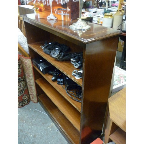 361 - GOOD QUALITY POLISHED WOOD BOOK SHELF. INLAID TOP. REPRO. 94CM W.