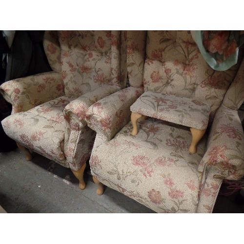 349 - ATTRACTIVE COTTAGE 3 PIECE SUITE WITH FOOTSTOOL. CREAM/BLUSH-PINK FLORAL. CABRIOLE BEECH LEGS. GOOD ... 