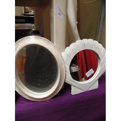 196 - 3 SMALL DECORATIVE MIRRORS, 1 OF WHICH IS NEW/PACKAGED.