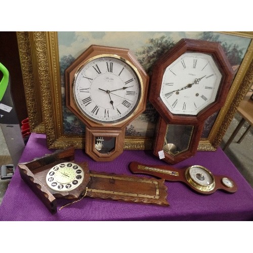 206 - 2 WALL CLOCKS WITH ROMAN NUMERALS. TOGETHER WITH A BAROMETER AND A ZODIAC ITEM