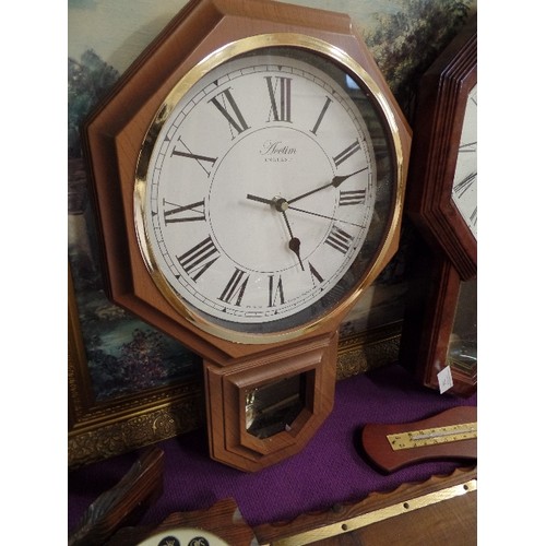 206 - 2 WALL CLOCKS WITH ROMAN NUMERALS. TOGETHER WITH A BAROMETER AND A ZODIAC ITEM