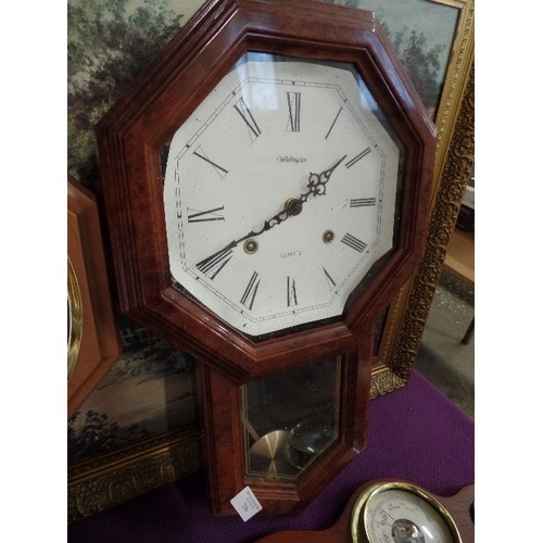 206 - 2 WALL CLOCKS WITH ROMAN NUMERALS. TOGETHER WITH A BAROMETER AND A ZODIAC ITEM