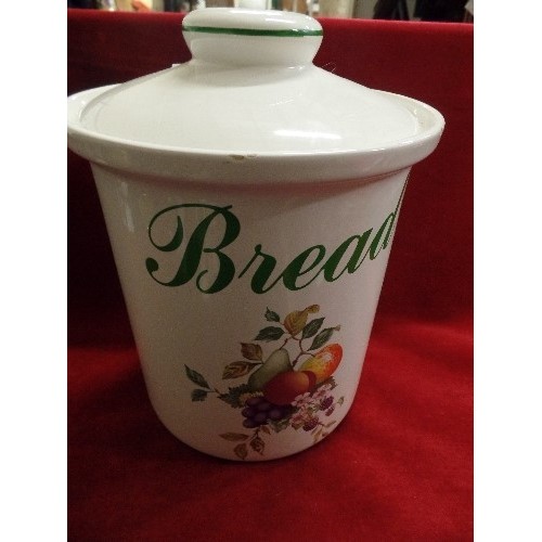 174 - LARGE CERAMIC BREAD CROCK, WITH MATCHING SPAGHETTI JAR, BOTH WITH FRUIT DESIGN.