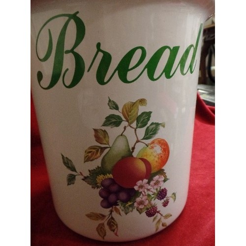 174 - LARGE CERAMIC BREAD CROCK, WITH MATCHING SPAGHETTI JAR, BOTH WITH FRUIT DESIGN.