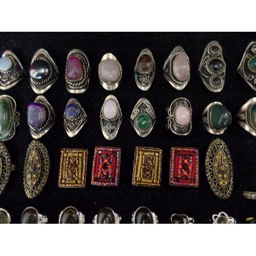 17 - LARGE RING DISPLAY BOX WITH 78 COSTUME RINGS IN MANY STYLES  INCLUDING GEMSTONE RINGS