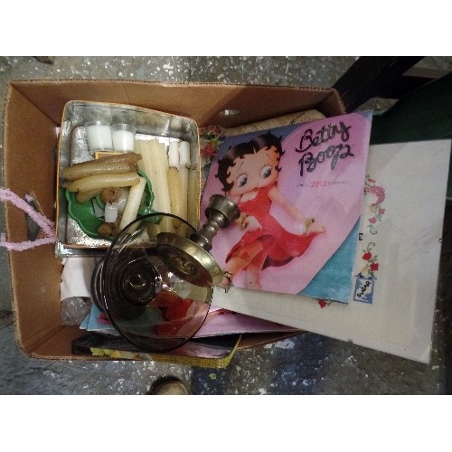 230 - MIXED LOT, INC VINTAGE ITEMS, CANDLES AND CANDLE HOLDER, BETTY-BOOP CALENDARS 2013, GLASSWARE,CROCKE... 