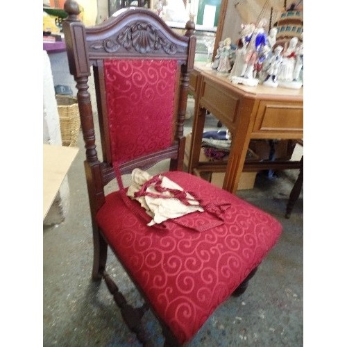 296 - 2 LOVELY VINTAGE DINING CHAIRS. WITH UPHOLSTERED BACK AND SEAT. 1 IN A DEEP RED, THE OTHER IN A SAND... 