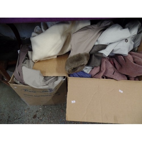 142A - 2 LARGE BOXES OF WARM COATS AND CLOTHING. MAINLY WOMENS. APPEAR GOOD CLEAN CONDITION.