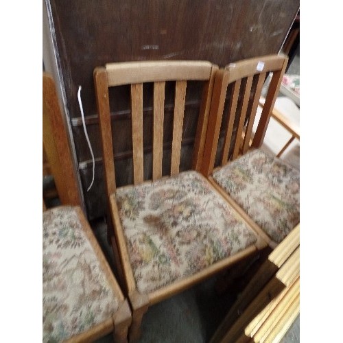 356 - 3 MID-CENTURY OAK DINING CHAIRS WITH PADDED TAPESTRY SEATS.