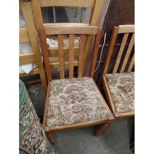 356 - 3 MID-CENTURY OAK DINING CHAIRS WITH PADDED TAPESTRY SEATS.