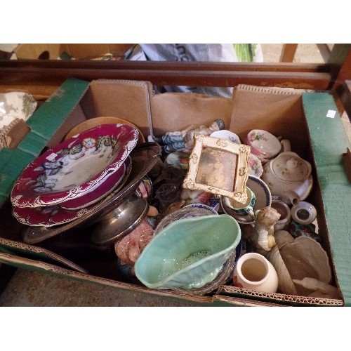 290A - 2 BOXES OF MIXED CHINA - VINTAGE TEAPOTS , CUPS AND SAUCERS ETC