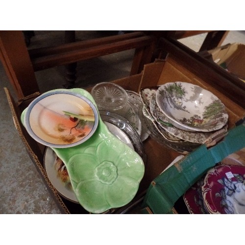 290A - 2 BOXES OF MIXED CHINA - VINTAGE TEAPOTS , CUPS AND SAUCERS ETC