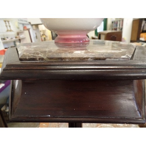 304 - MARBLE-TOPPED, HEXAGONAL PEDESTAL SIDE TABLES. THE MARBLE IS SET INTO THE TOP