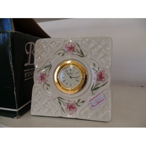 61 - BELLEEK MINIATURE CLOCK. PRETTY CERAMIC FRAME. WITH BOX.